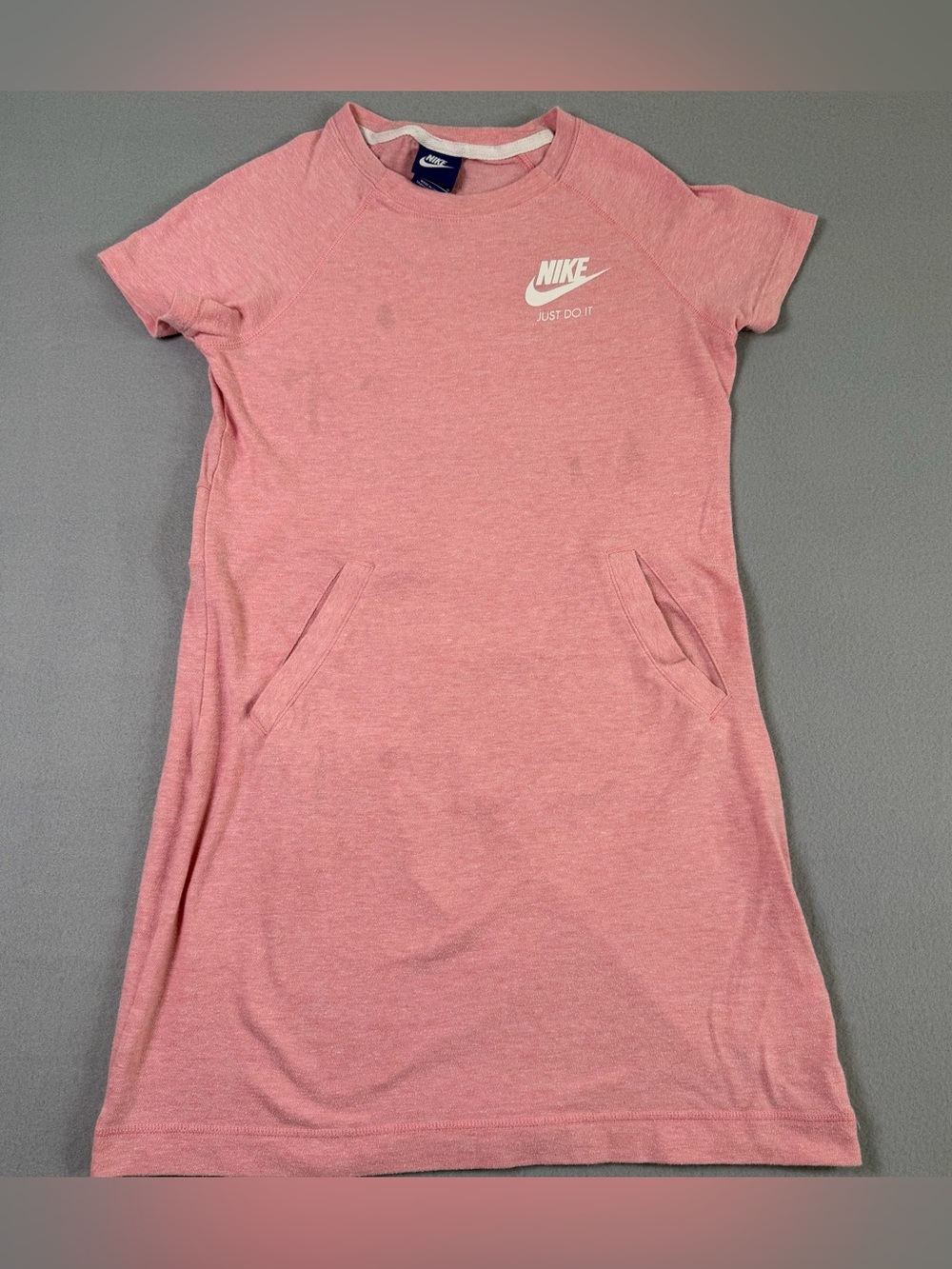 Nike Girls Pink T-Shirt Dress Knee Length Pockets Short Sleeve Pullover Youth L